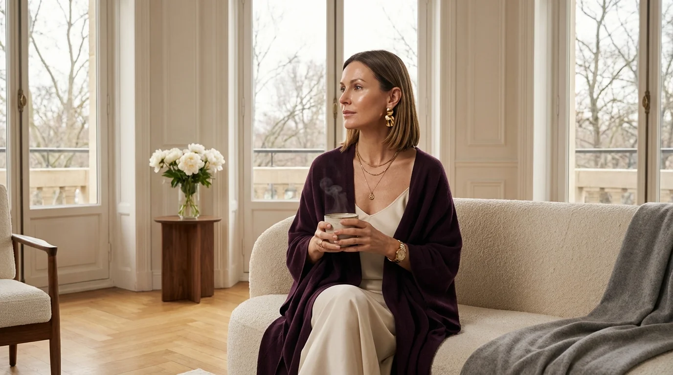 Frau Mitte 40 sitzt nachdenklich am Fenster mit Teetasse an einem Wintermorgen