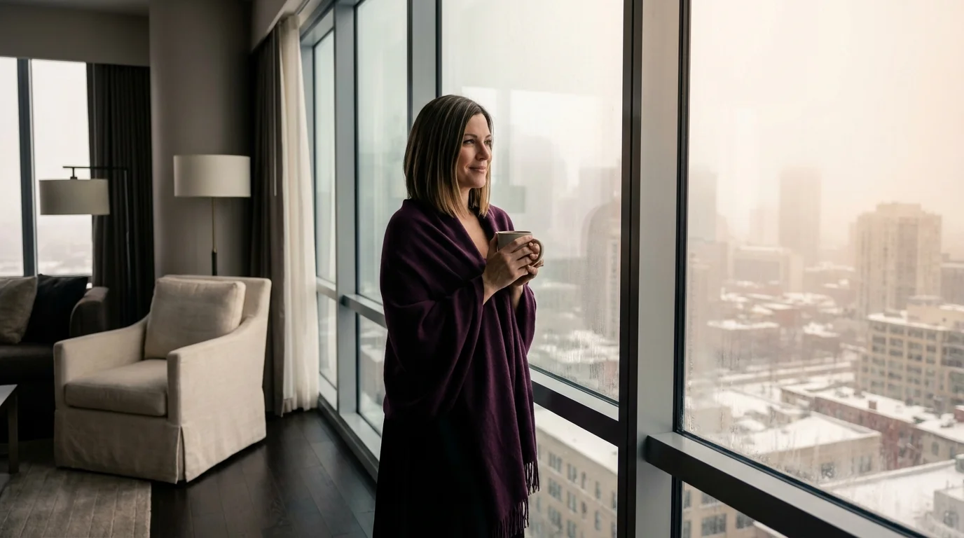Dieselbe Frau vom Anfang — jetzt stehend am Fenster mit Teetasse, ruhige Zuversicht an einem Februarmorgen