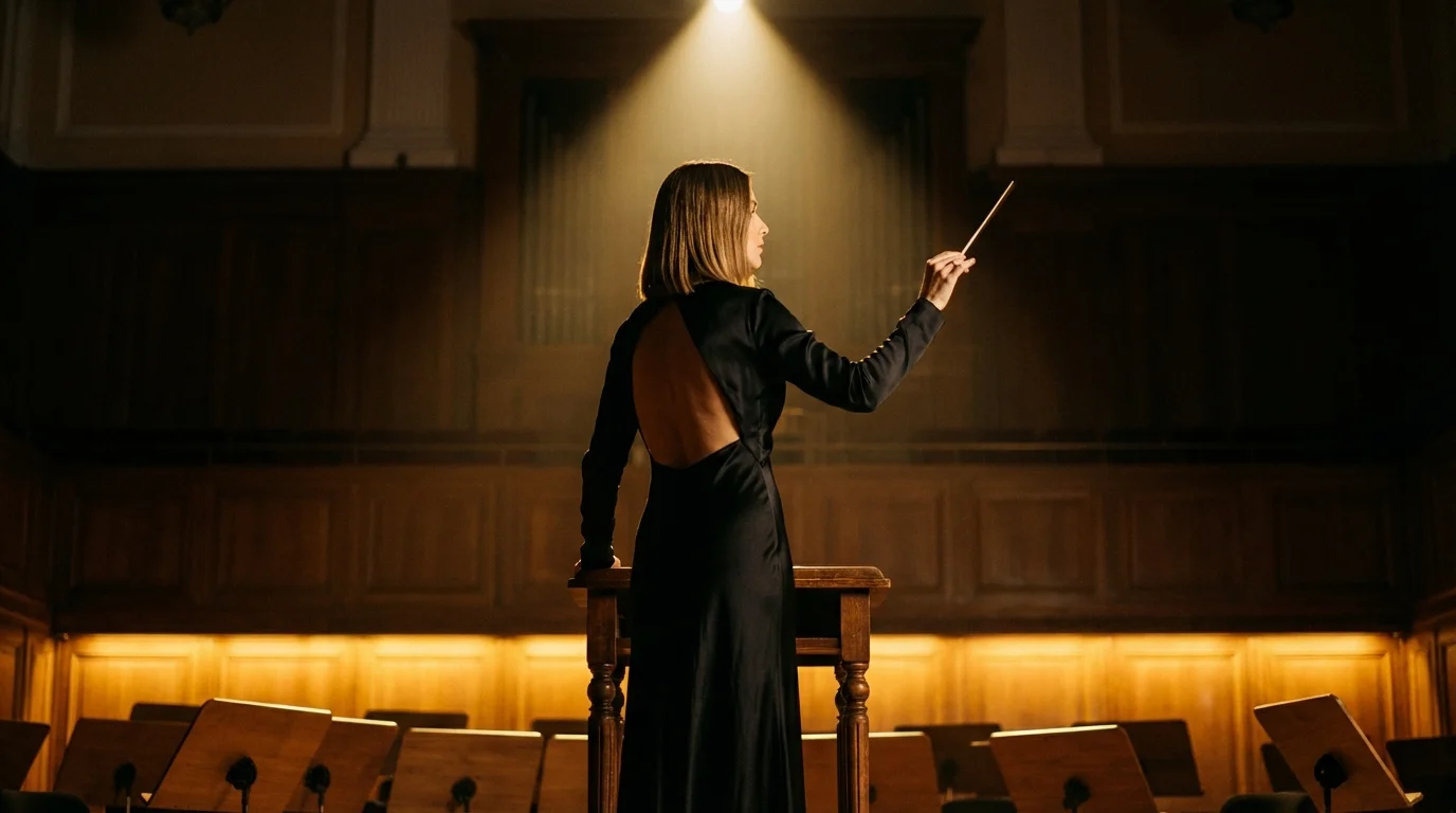 Frau am Dirigentenpult eines Konzertsaals — goldenes Spotlicht, schwarzes Abendkleid, der Moment des Einsatzes