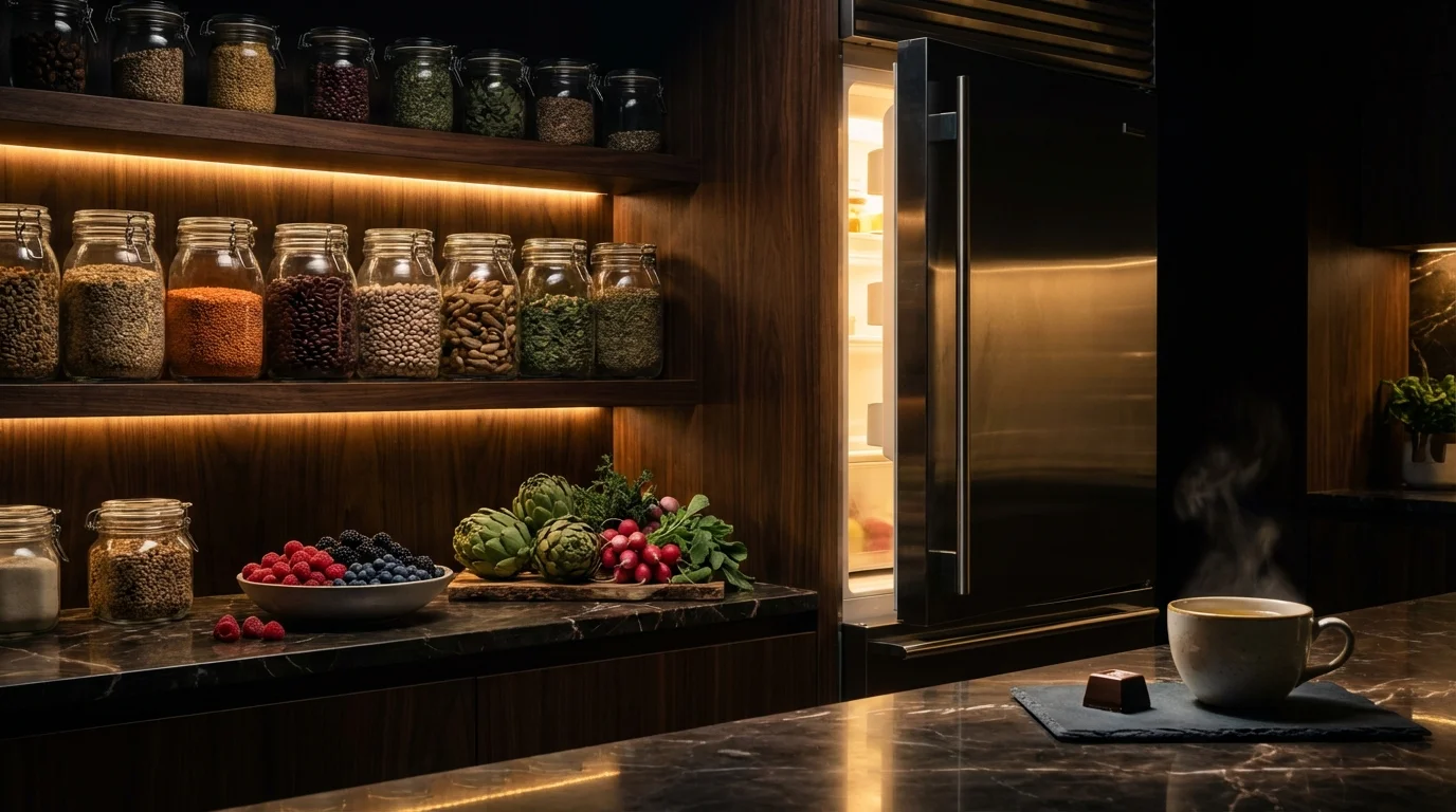 Luxuriöse Küche bei Nacht — Glasgläser mit Vollkorn und Kräutern, Kamillentee und dunkle Schokolade auf Marmor