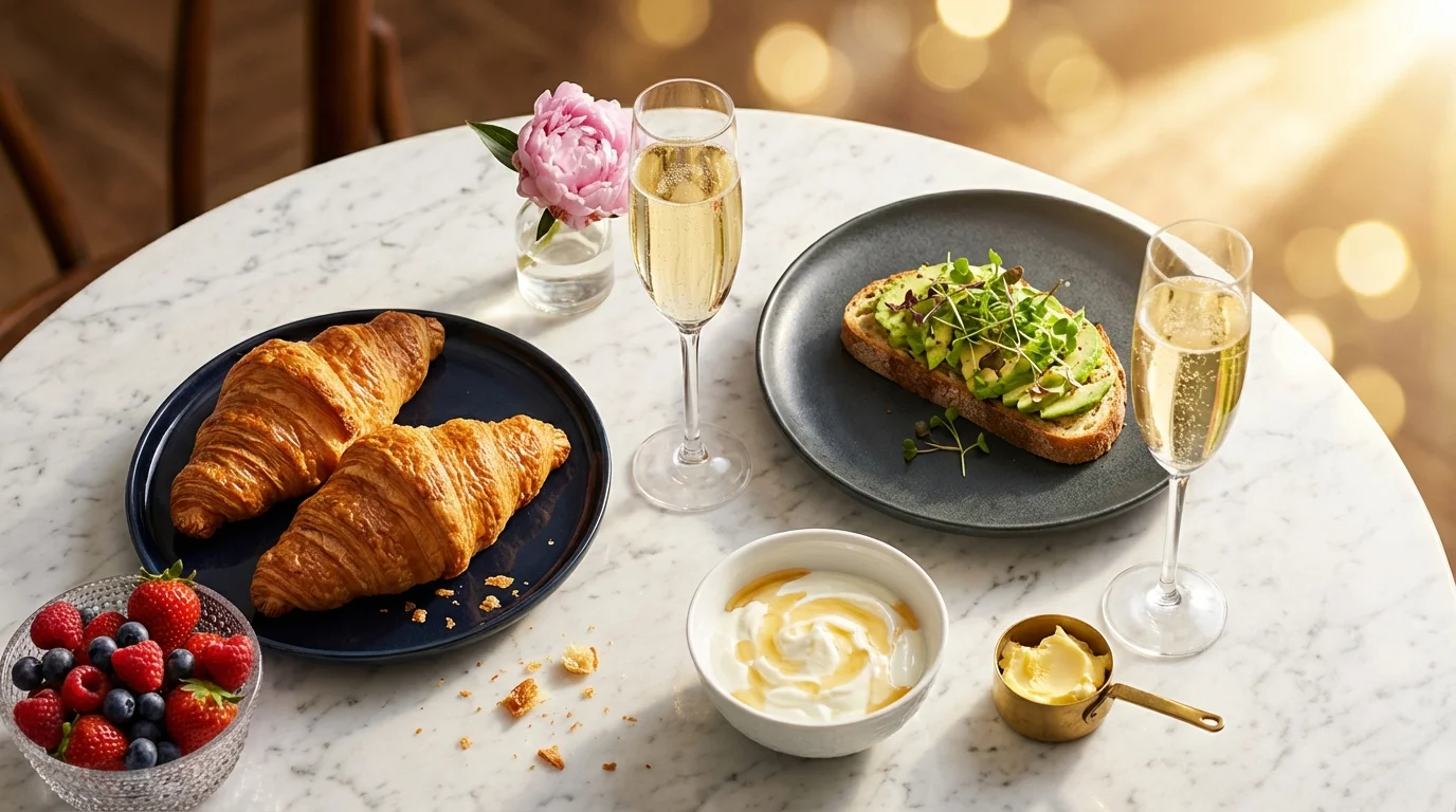 Luxuriöses Wochenend-Brunch auf Marmortisch — goldene Croissants, Avocado-Toast, frische Beeren, Champagner und Joghurt im Sonnenlicht