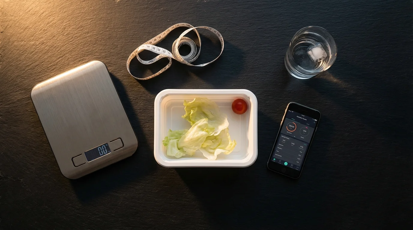 Dunkles Editorial Flat Lay: Küchenwaage, Maßband, traurige Salatbox und Kalorien-App — die Trostlosigkeit strikter Diäten