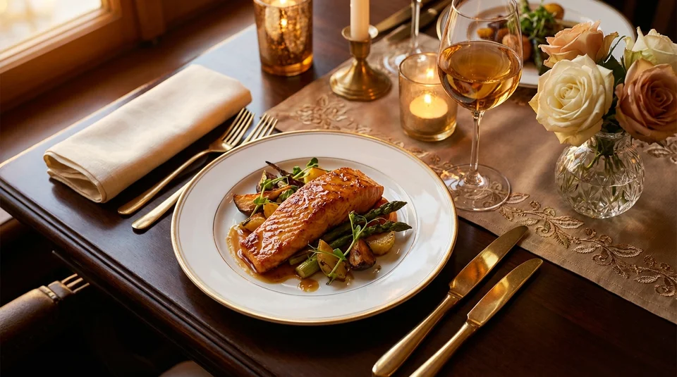 Elegantes Restaurant-Abendessen mit gegrilltem Lachs, Gemüse und einem Glas Wein — Genuss statt Verzicht