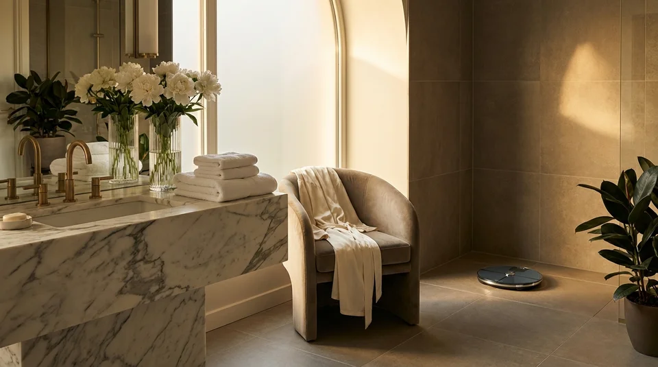 Luxuriöses Badezimmer mit Marmor und Pfingstrosen — die Waage steht klein in der Ecke, fast vergessen