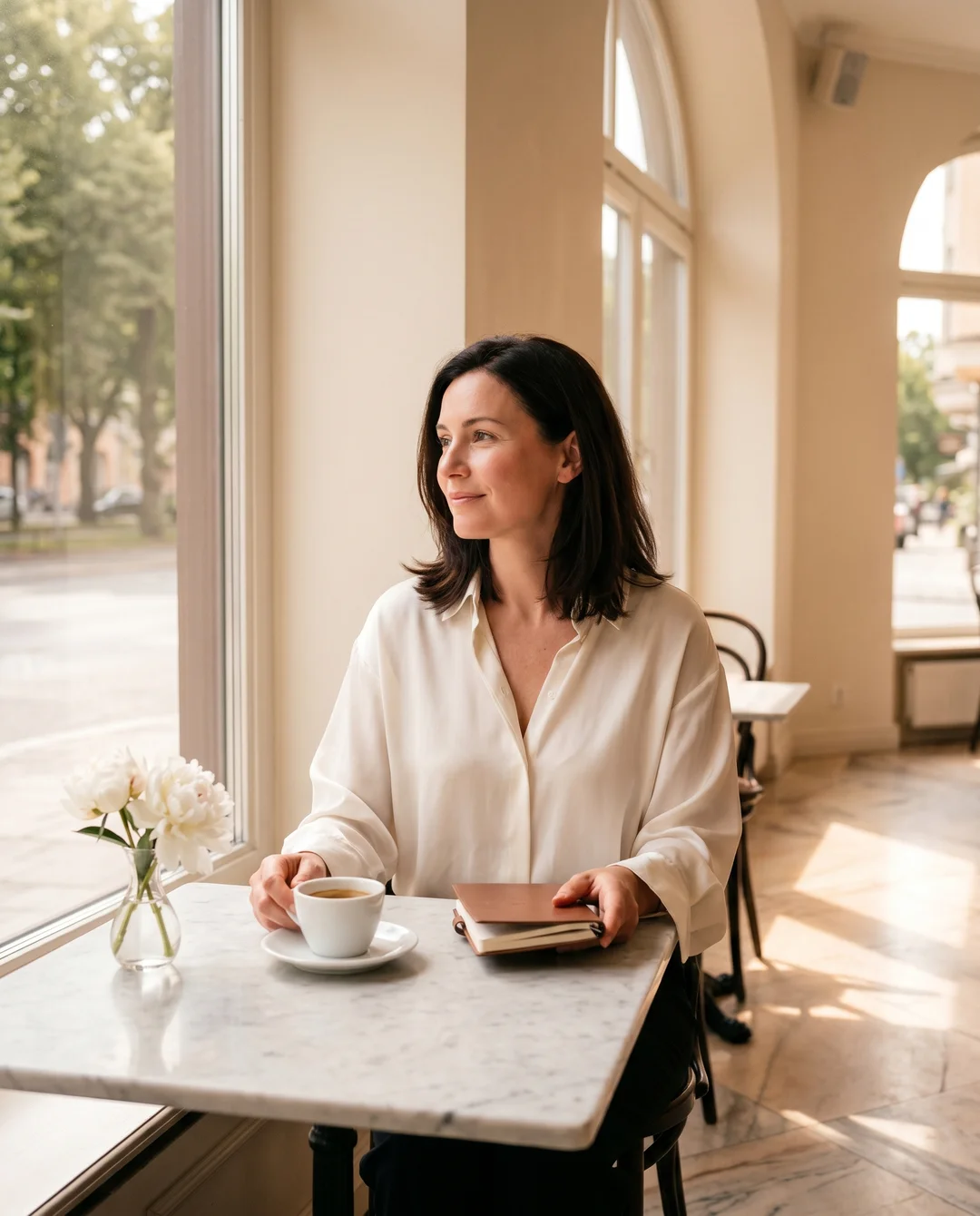 Frau Mitte 40 in einem hellen Caf&eacute;fenster, nachdenklich, halb l&auml;chelnd &mdash; nach dem Verstehen der Geografie wird die Beziehung zum eigenen K&ouml;rper anders