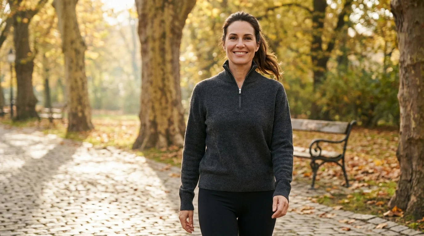Frau beim sanften Morgenspaziergang im europäischen Park — Kopfsteinpflaster, Herbstbäume, zufriedenes Lächeln