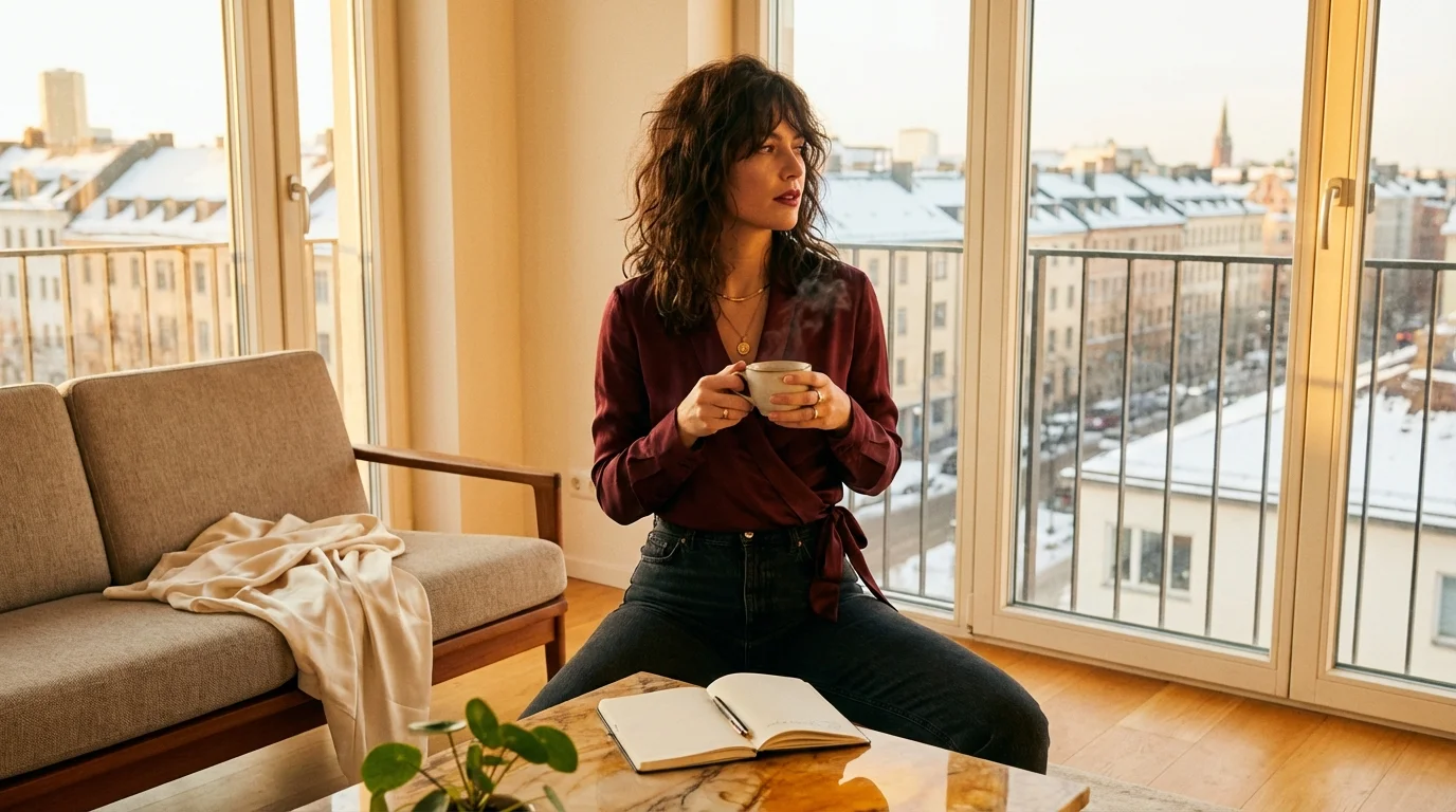 Frau Mitte 40 mit Tasse Tee am Fenster – Biochemie verstehen