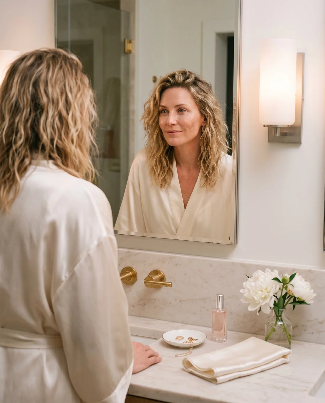 Frau Mitte 40 vor dem Spiegel im warmen Licht &mdash; nach dem Verstehen wird das Vergessen kleiner