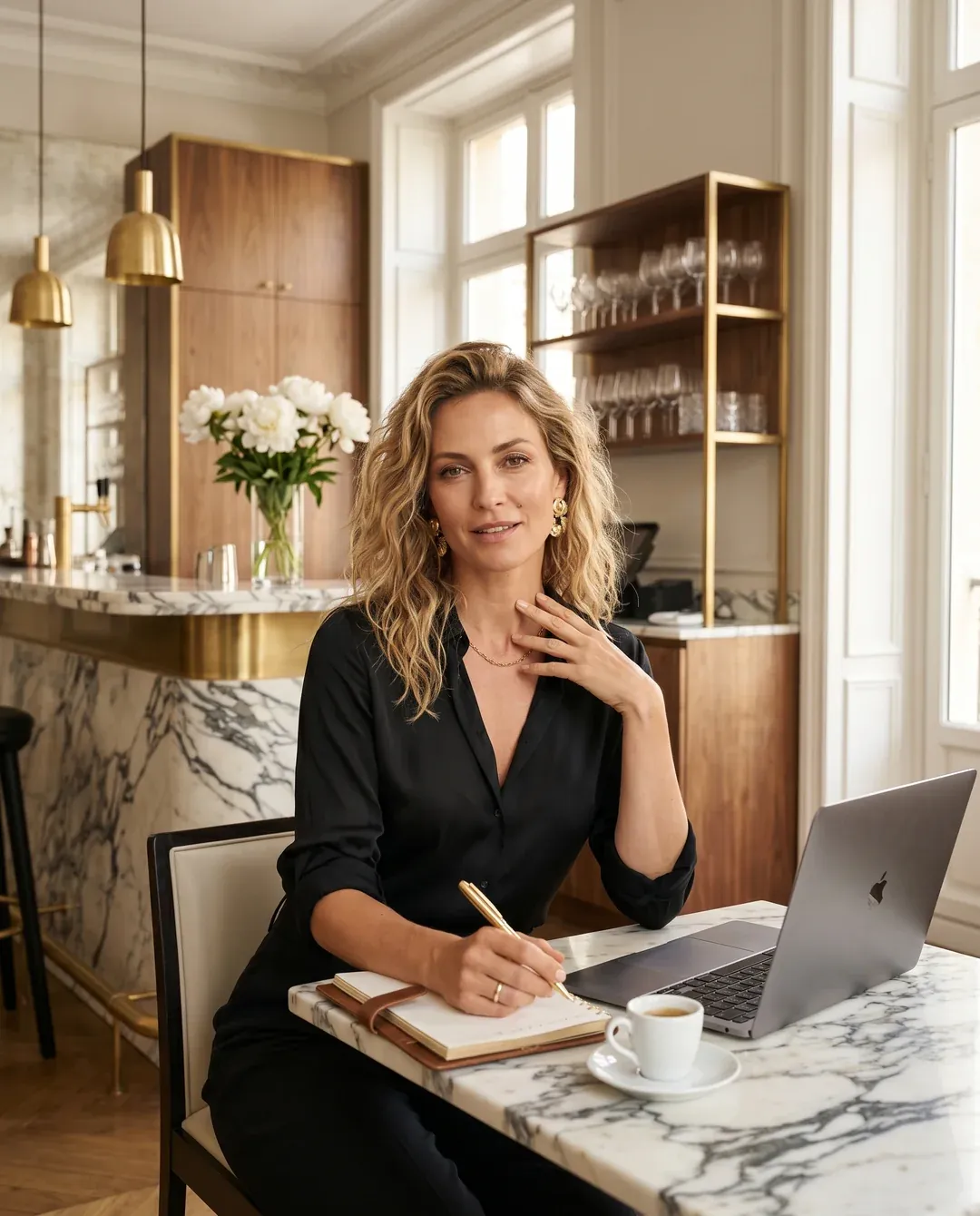 Frau Mitte 40 im eleganten Café mit Laptop und Notizbuch, im Moment des wiedergefundenen Gedankens — kognitive Klarheit nach dem Verstehen