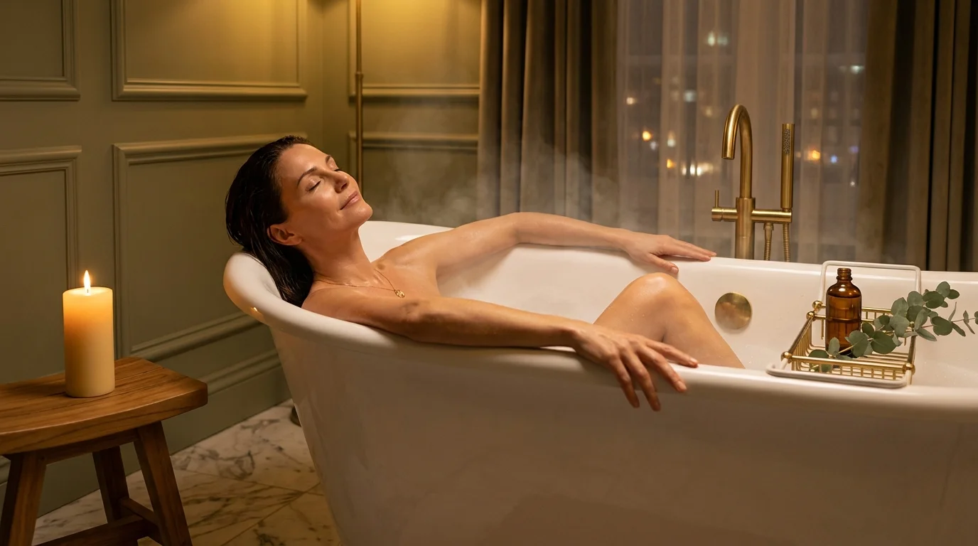 Dieselbe Frau in derselben Badewanne — aber entspannt zurückgelehnt, Augen geschlossen, in Frieden mit ihrem Körper