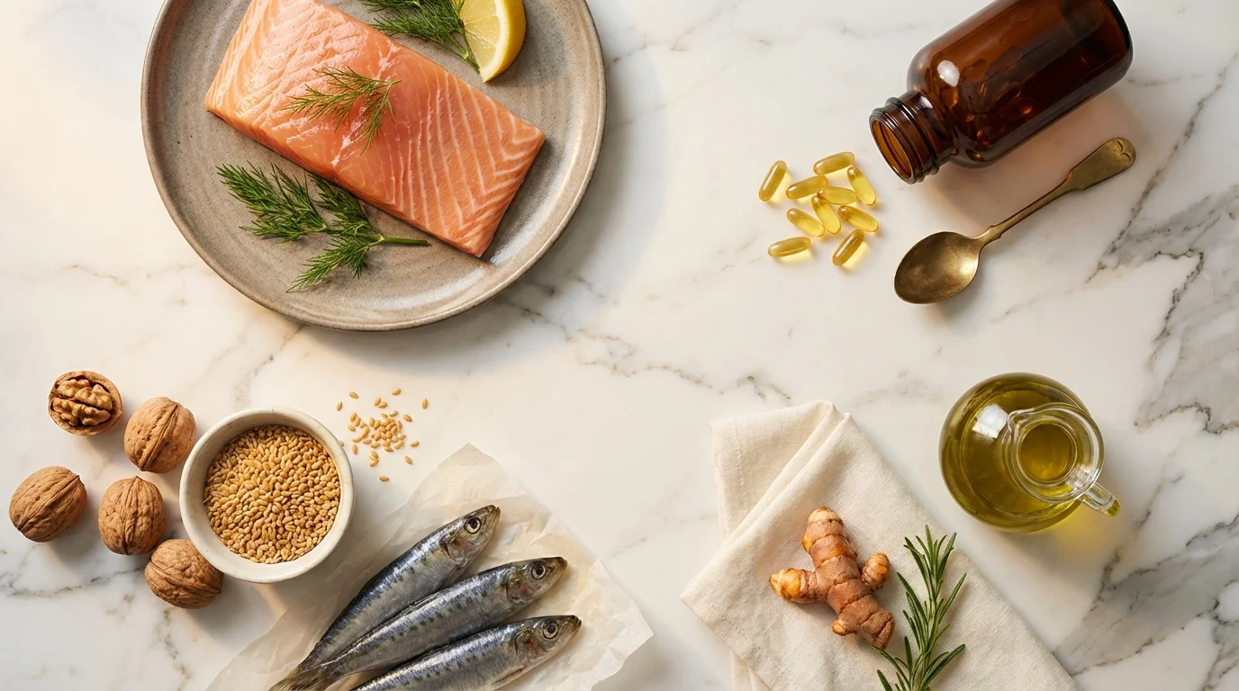 Flat Lay auf Marmor: Lachs mit Dill, Omega-3-Kapseln, Walnüsse und Leinsamen, Olivenöl und Kurkuma — Ernährung für Entzündungsmarker