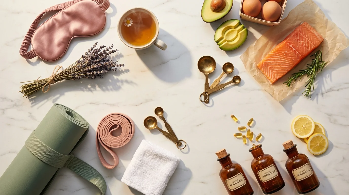 Vier Wellness-Gruppen auf Marmor: Schlaf, Ernährung, Bewegung und Nährstoffe – die vier Hebel gegen Cortisol