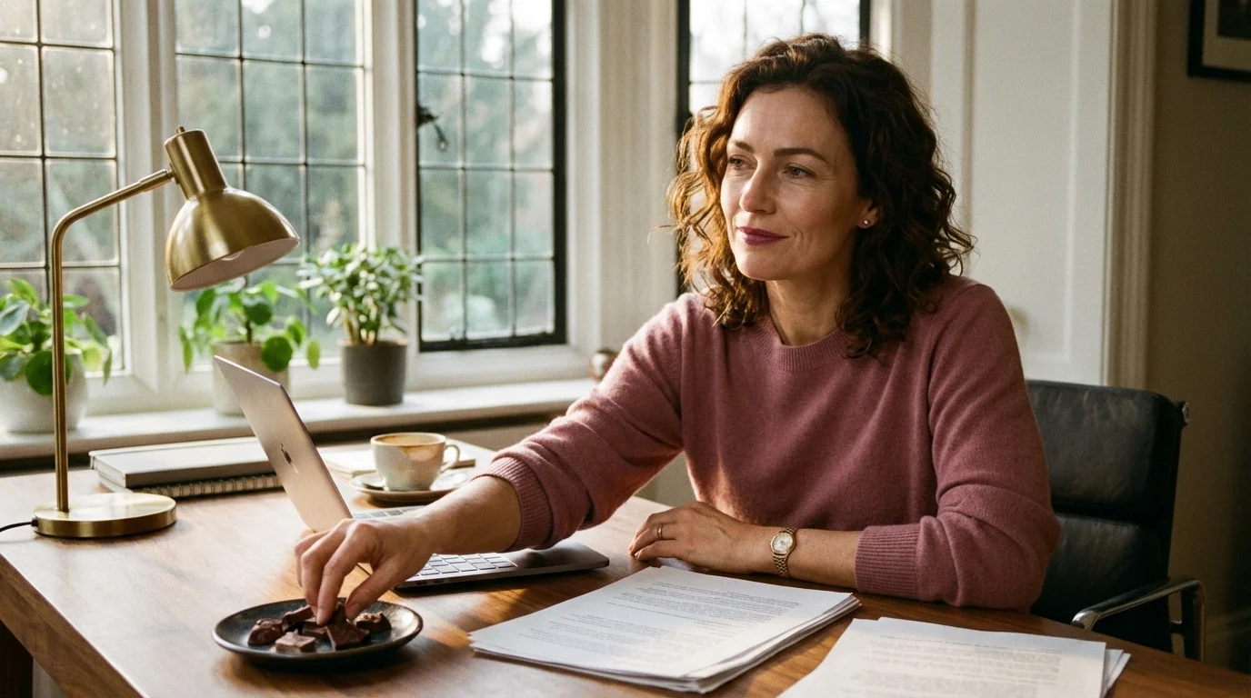 Frau Mitte 40 am Schreibtisch greift nachmittags nach Schokolade – Heißhunger durch Cortisol