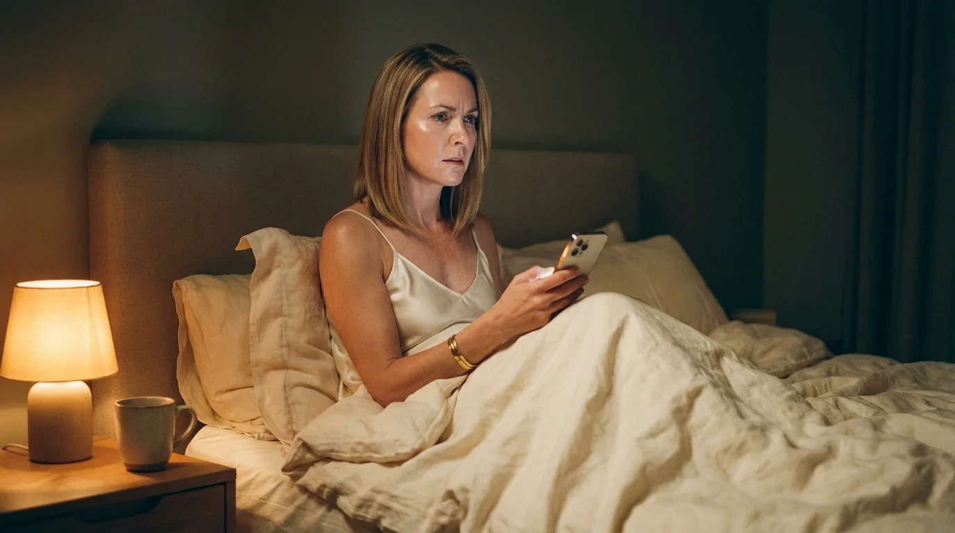 Frau Mitte 40 sitzt nachts im Bett mit Handy – der Körper im Alarmzustand wegen einer E-Mail