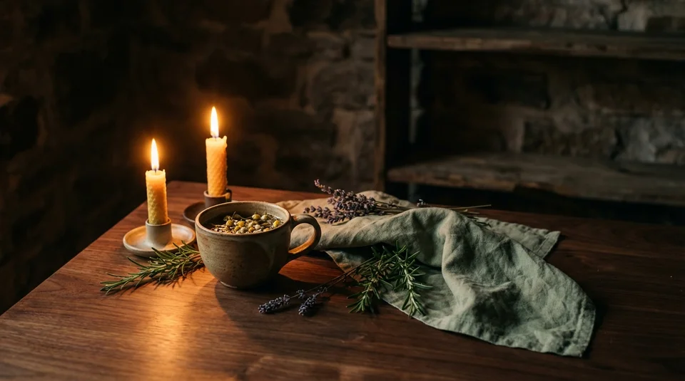 Abendlicher Kräutertee mit Kerzen und Kräutern auf dunklem Holztisch