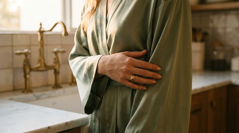 Hände auf der Brust beim bewussten Atmen, warmes Licht und salbeigrüne Seide