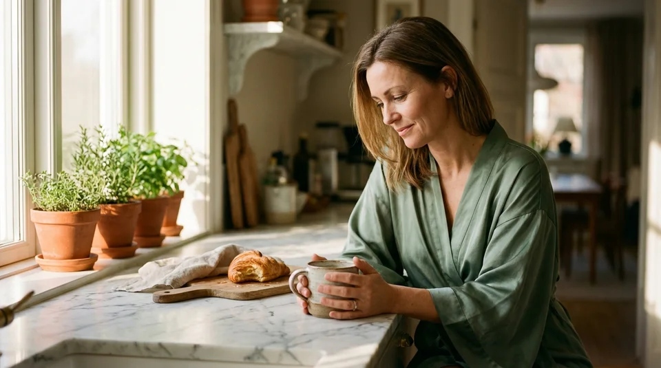 Dieselbe Frau in der Küche, mit ruhigerem Blick und einem Lächeln beim Kamillentee