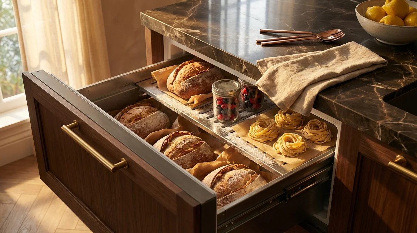 Gefrorenes Sauerteigbrot und Beeren in einem geöffneten Eisfach — Biochemie im Alltag