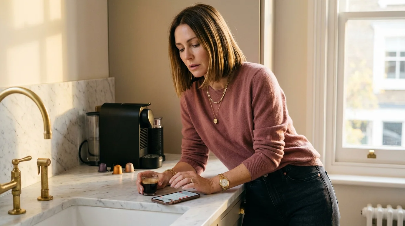 Frau Mitte 40 in eleganter Kleidung, lehnt müde an der Küchentheke mit Kaffee – der stille Dauerstress