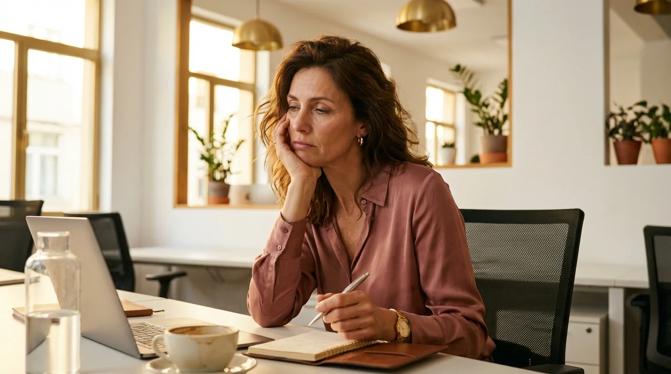 Frau Mitte 40 stützt erschöpft den Kopf auf die Hand am Schreibtisch – der Blutzucker-Crash um 14:30