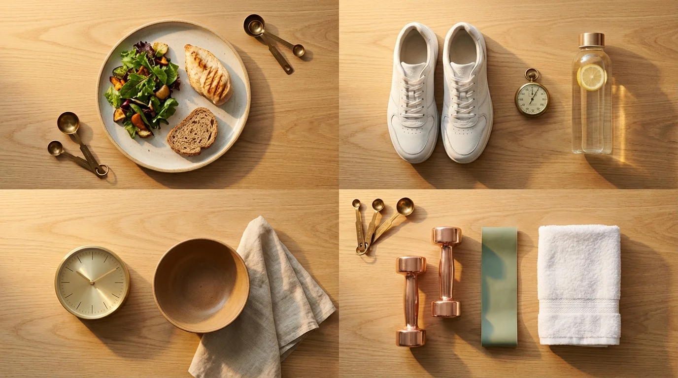 Vier Gruppen auf Holzfläche: Ernährungsreihenfolge, Bewegung, Essenspausen und Muskelerhalt – die vier Hebel für Insulinsensitivität