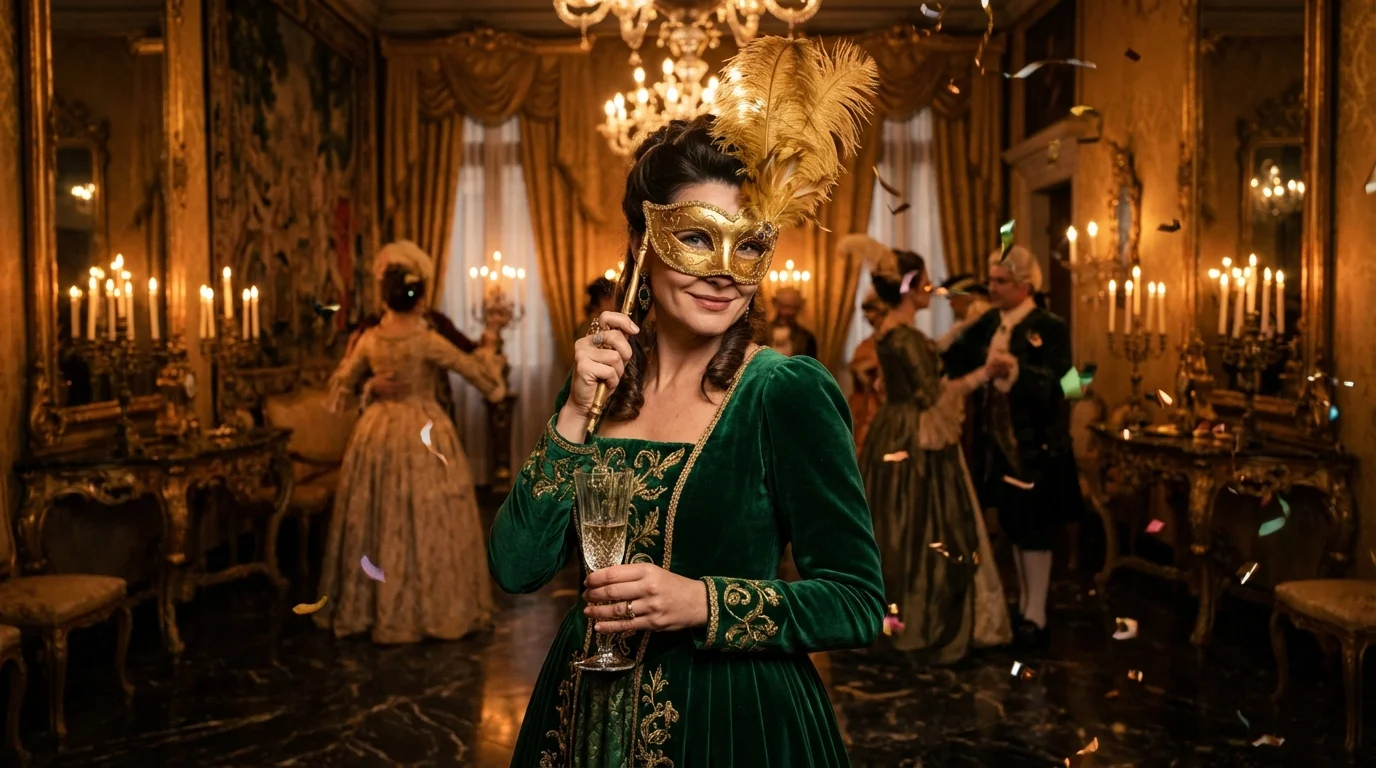 Elegante Frau Mitte 40 auf einem venezianischen Maskenball mit goldener Maske und Sektglas