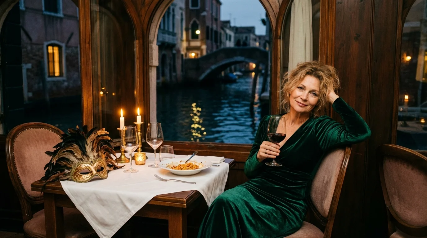 Dieselbe Frau im smaragdgrünen Kleid beim späten Abendessen an einem venezianischen Kanal — ruhig, wissend, zufrieden