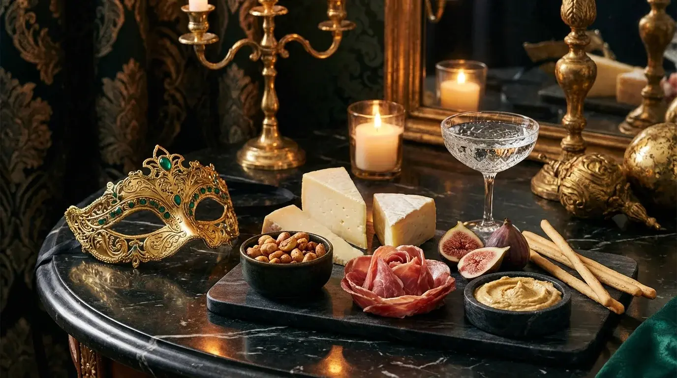 Elegantes Pre-Karneval-Arrangement mit goldener venezianischer Maske: Käse, Nüsse, Feigen und Prosciutto auf dunklem Marmor