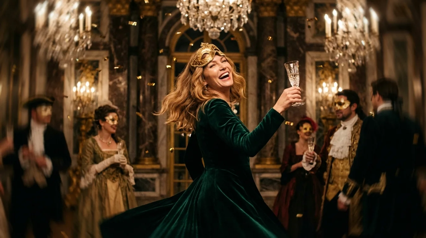 Frau Mitte 40 tanzt ausgelassen auf einem venezianischen Maskenball, goldene Maske auf der Stirn, Konfetti in der Luft