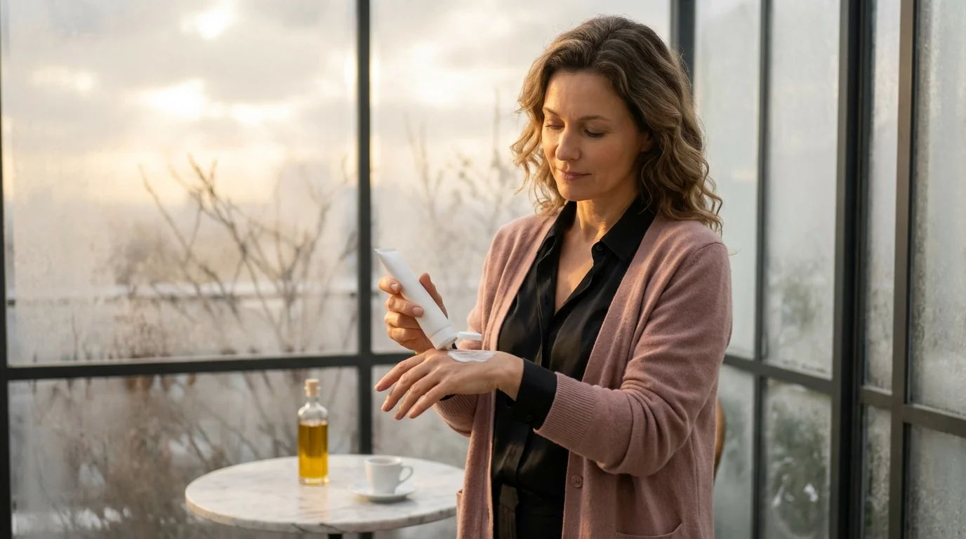 Frau Mitte 40 auf winterlicher Terrasse im Sonnenlicht, Sonnenschutz-Moment