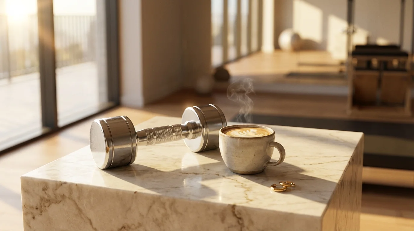 Kurzhantel und Kaffee auf Marmor — Eleganz trifft Stärke