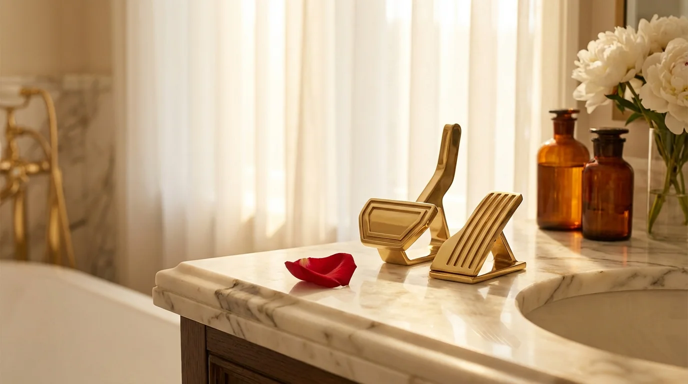 Künstlerische Darstellung von Gas und Bremse — zwei goldene Pedale auf Marmor, warmes Licht