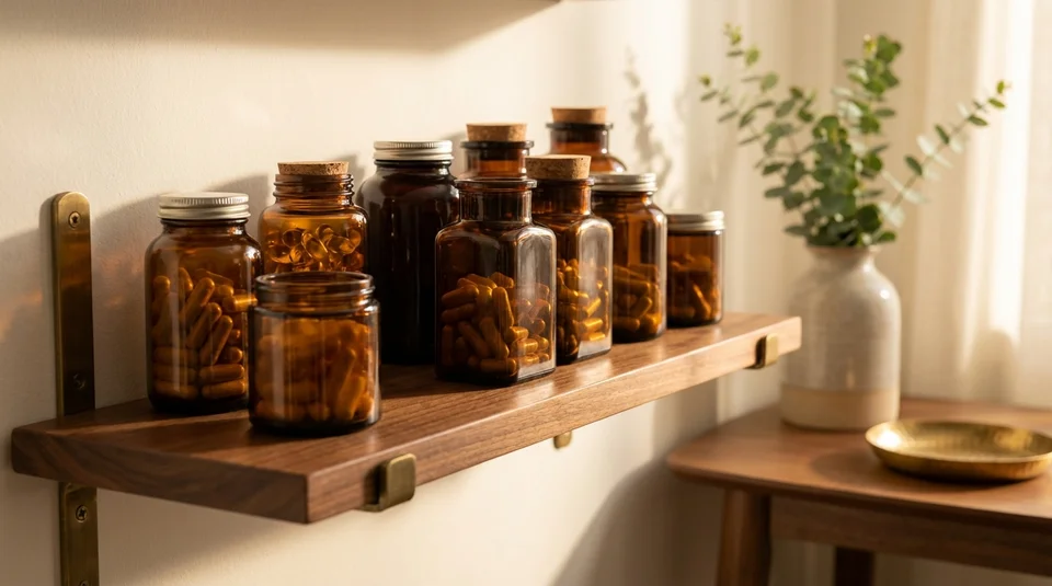 Verschiedene Magnesium-Supplements in bernsteinfarbenen Glasflaschen auf einem eleganten Regal — die Wahl der richtigen Form