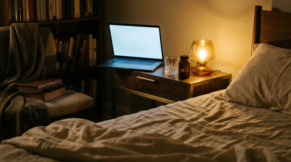 Leuchtender Laptop in dunklem Schlafzimmer bei Nacht — wie ein Nervensystem, das nicht abschalten kann