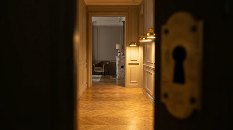 Eleganter Flur einer Villa im Abendlicht — wie ein Bluttest, der nur den Flur zeigt