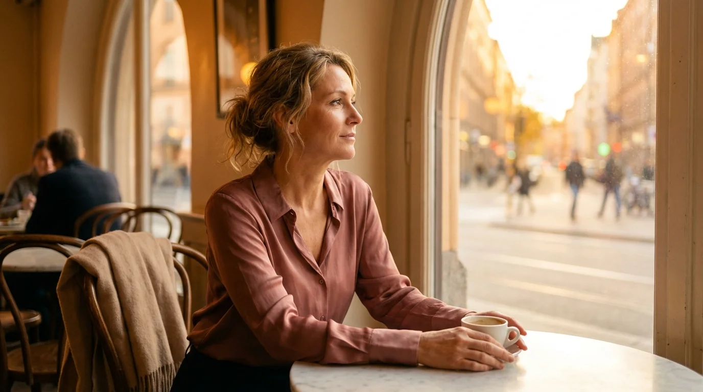 Frau am Fenster eines Cafés im Abendlicht — der Moment, in dem Verstehen beginnt