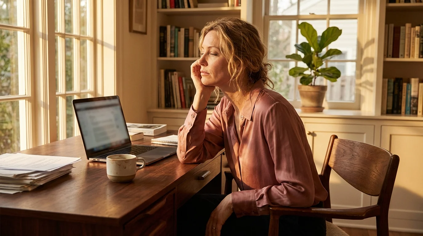 Frau am Schreibtisch im Nachmittagslicht, der 15-Uhr-Crash im eleganten Home Office