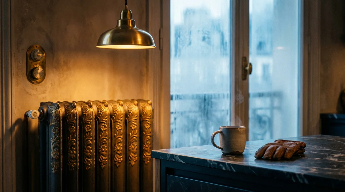 Elegante Küche im Winterlicht — die Heizung des Körpers auf Sparflamme