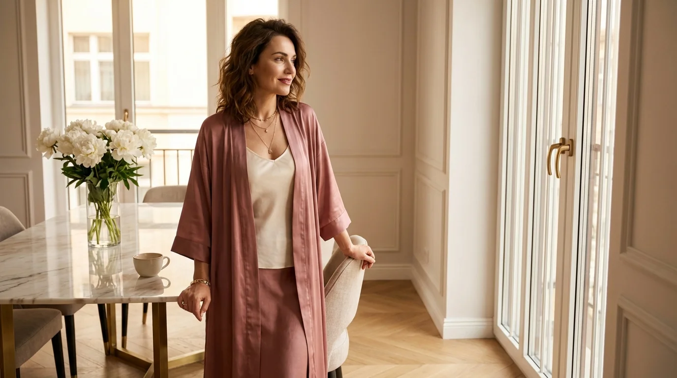 Frau Mitte 40 am Frühstückstisch steht auf mit ruhiger Zuversicht — der Körper weiß Bescheid