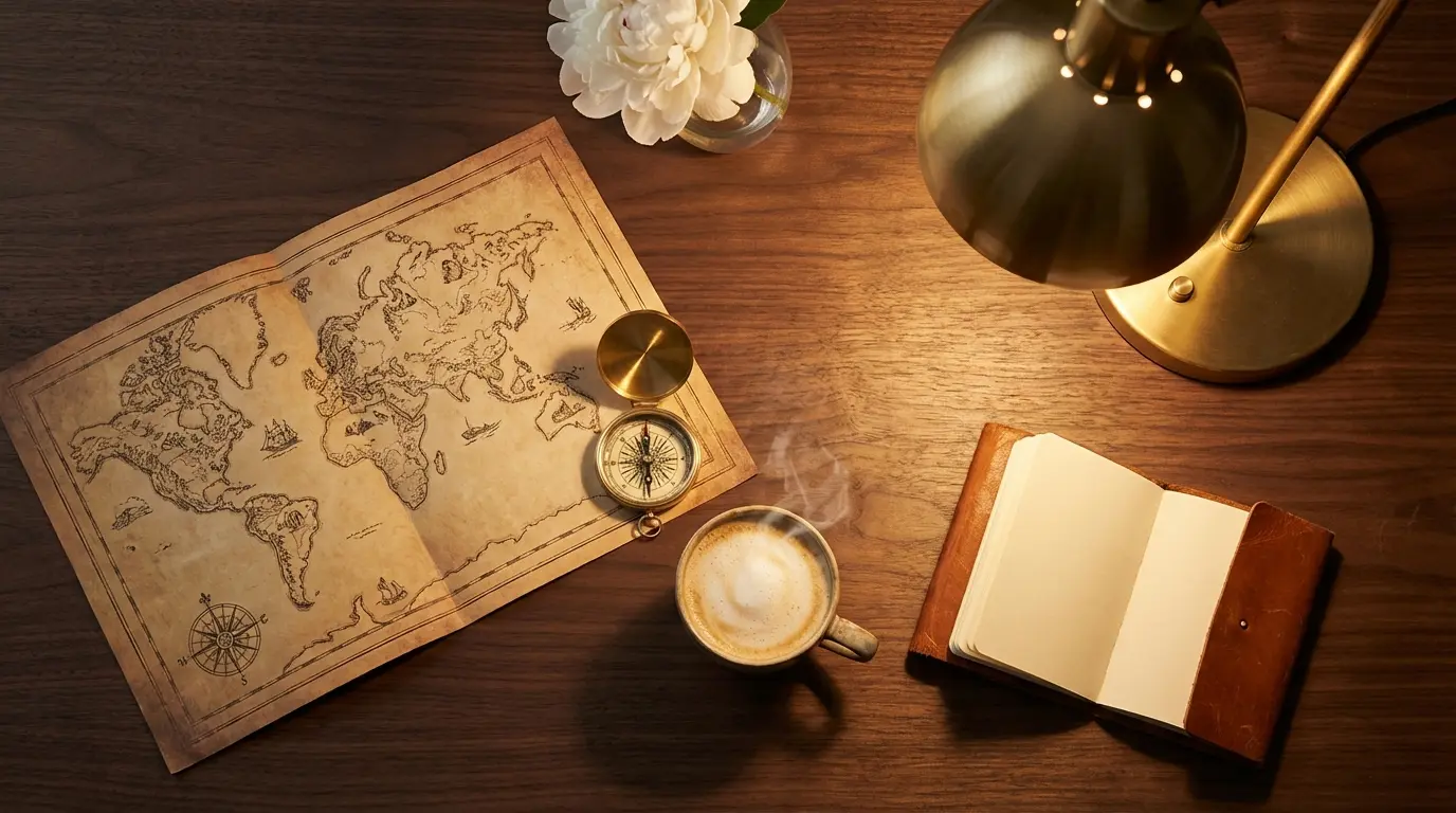 Elegante Landkarte auf einem Schreibtisch mit goldenen Akzenten — eine Orientierung für die Perimenopause