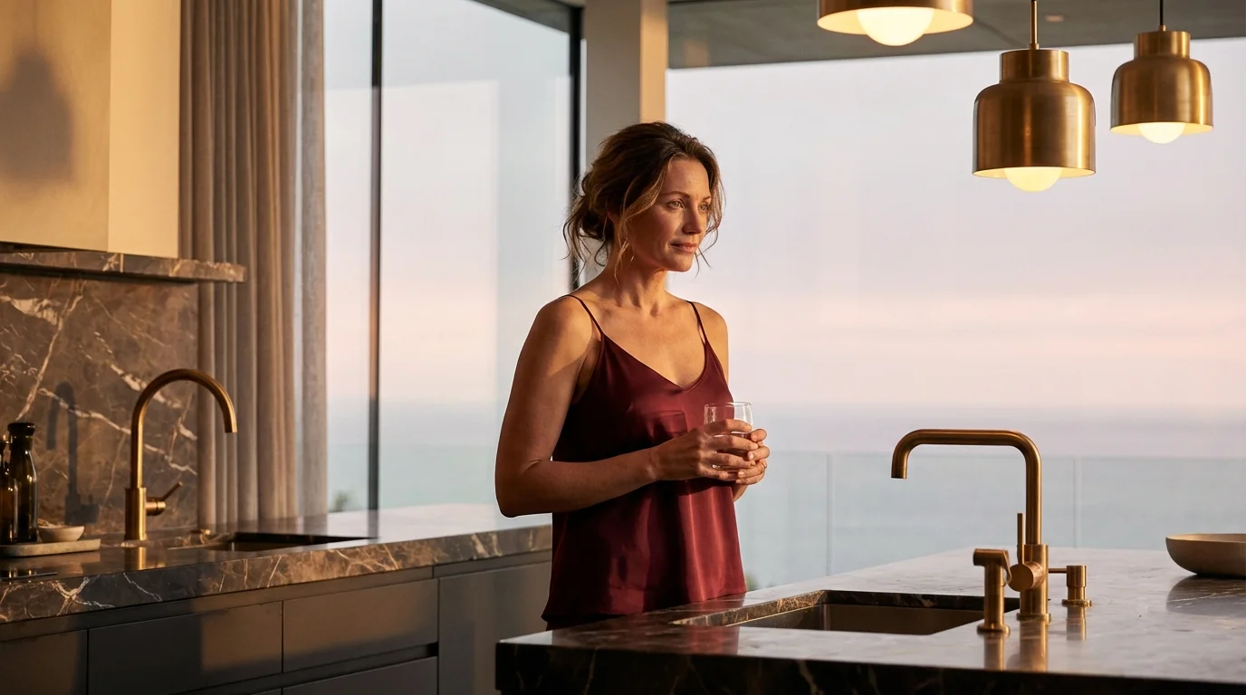 Frau am Morgen in einer Küche mit warmem goldenem Licht — der Moment zwischen Nacht und Tag, Cortisol und Ruhe