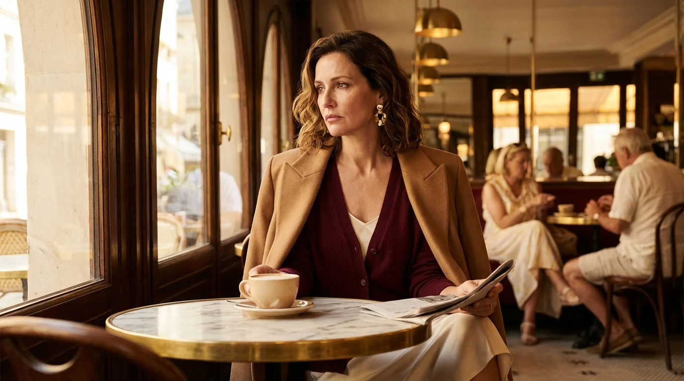 Frau in drei Schichten im Café — Ihre Werte sind normal, aber sie friert, während alle anderen T-Shirts tragen