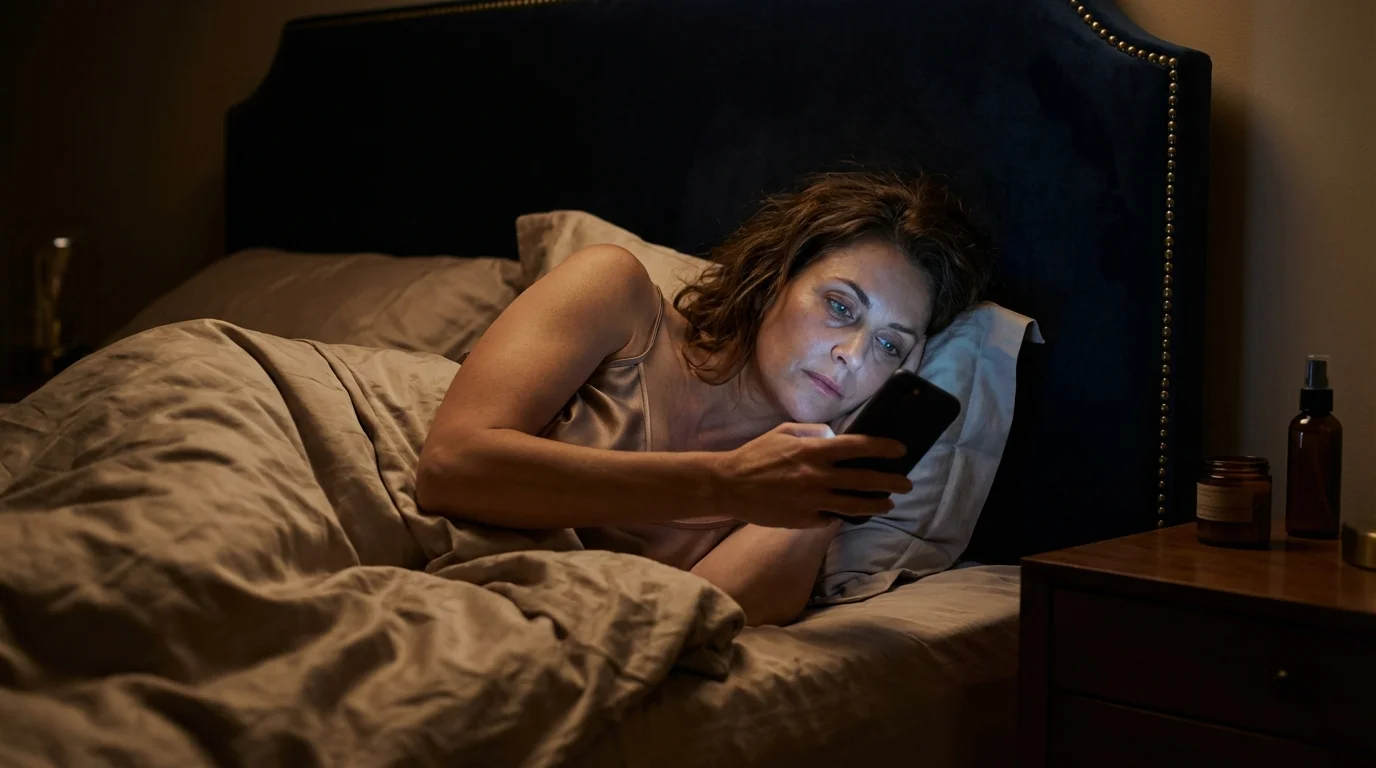 Frau im Bett schaut auf Handy — blaues Licht stört Melatonin und Hautregeneration