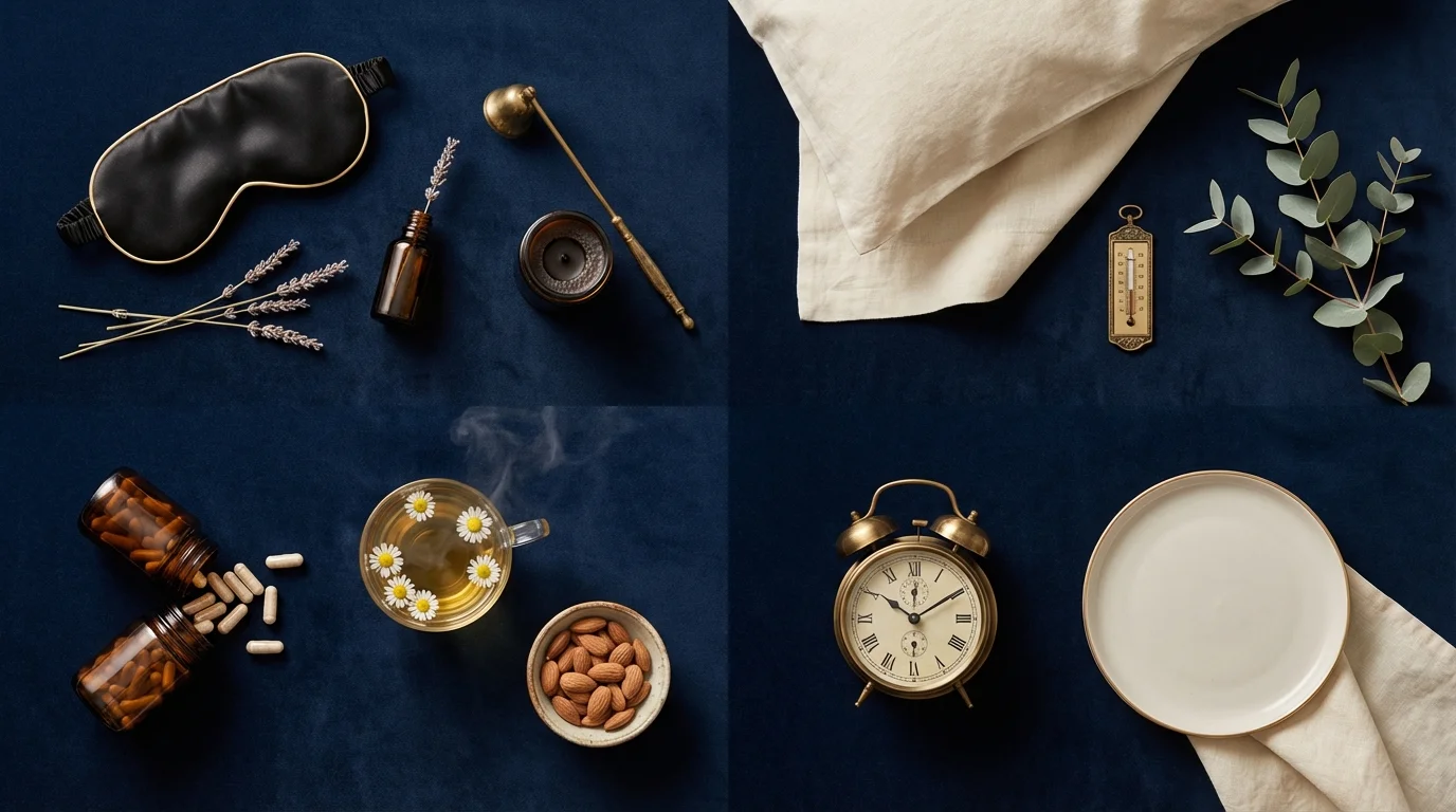 Flat Lay auf marineblauem Samt — Seidenmaske, Leinenkissen, Magnesium-Tee und Messing-Uhr als Symbole der vier Schlafbedingungen