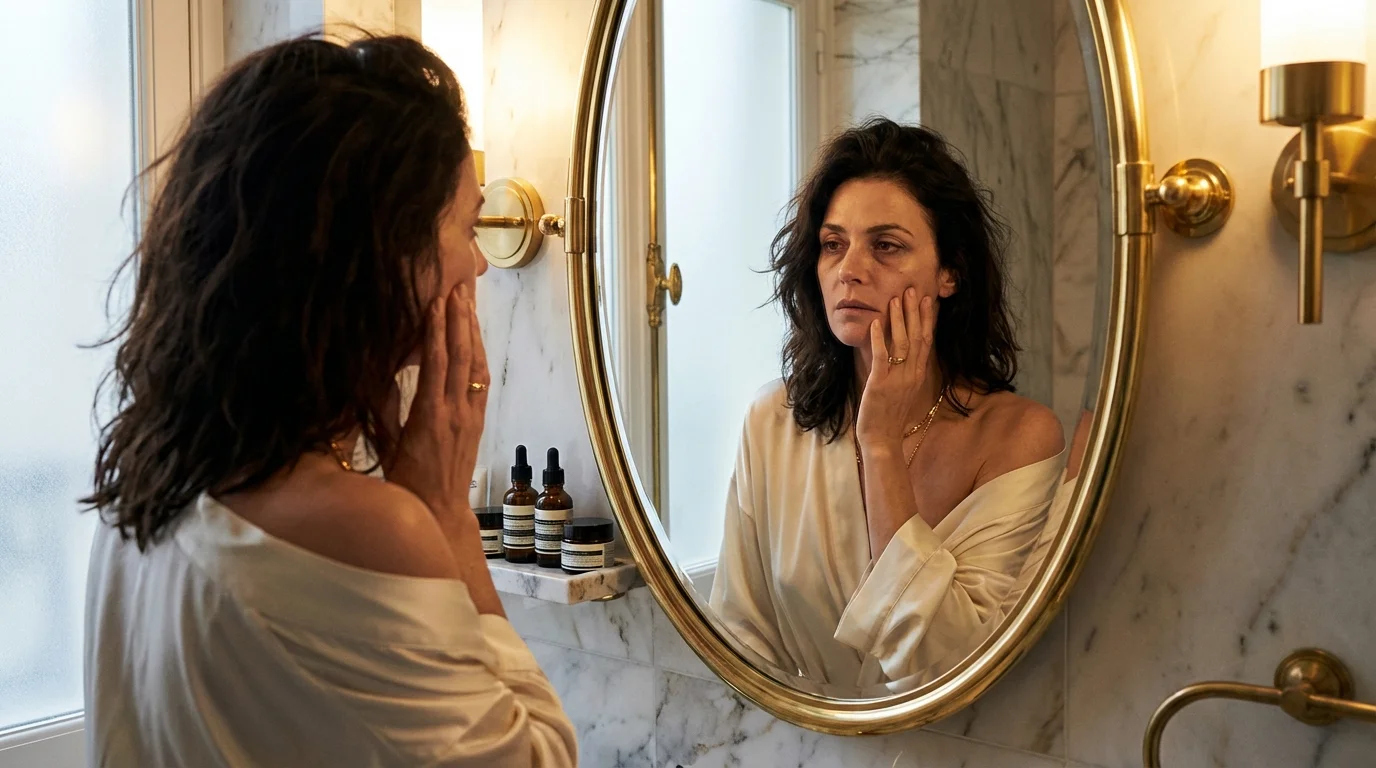 Frau betrachtet müde ihr Gesicht im Badezimmerspiegel — Augenringe trotz Hautpflegeregal