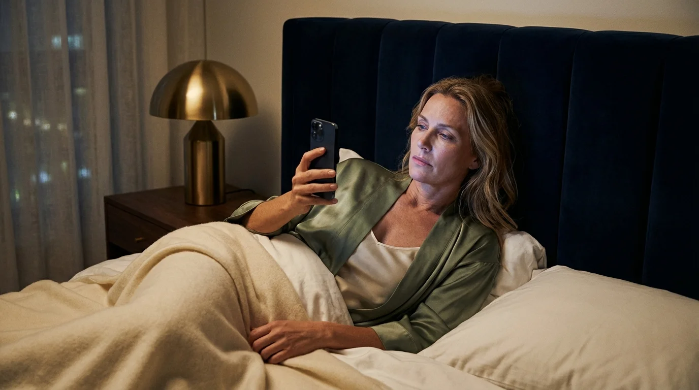 Frau im dunklen Schlafzimmer hält Smartphone — blaues Licht auf dem Gesicht stört die Melatonin-Produktion