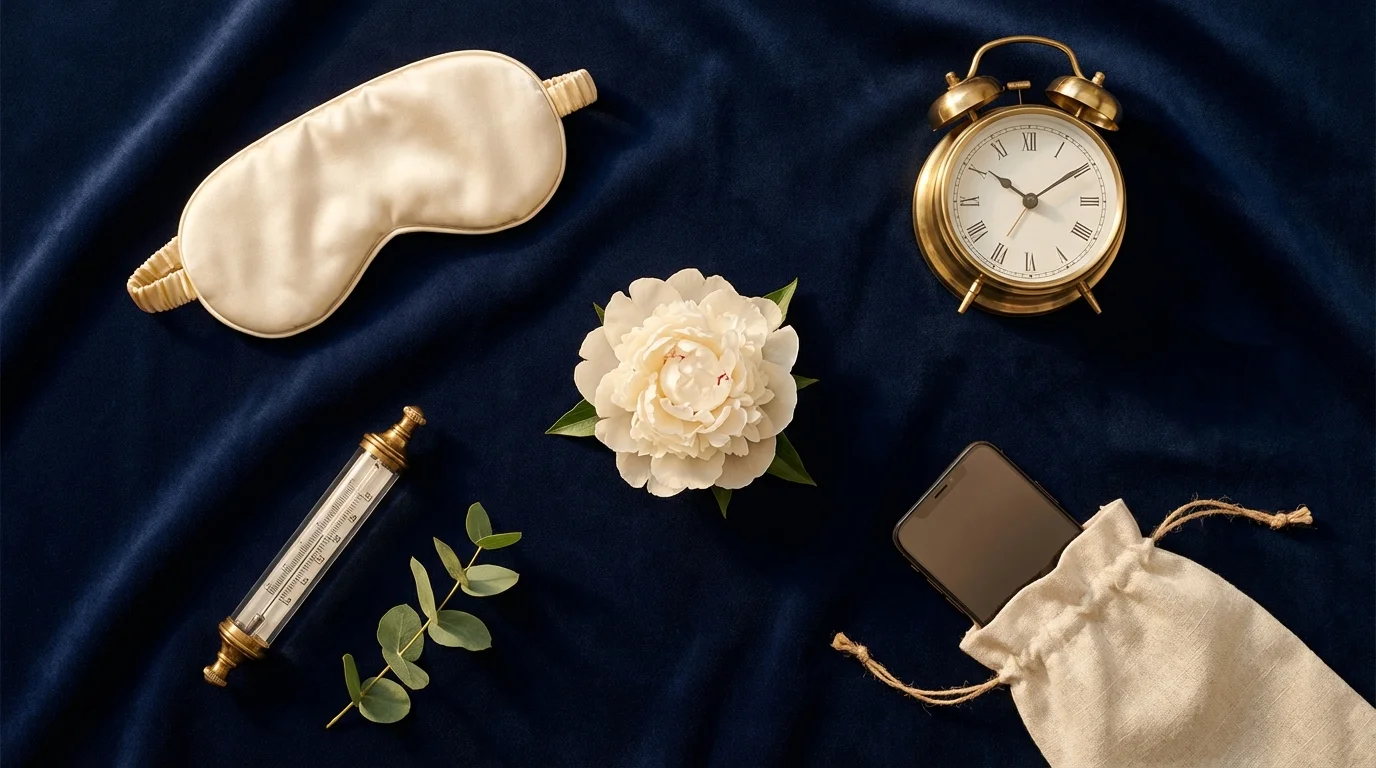 Flat Lay auf marineblauem Samt — Seidenmaske, Messing-Uhr, Thermometer und umgedrehtes Smartphone als Symbole der vier Schlafbedingungen
