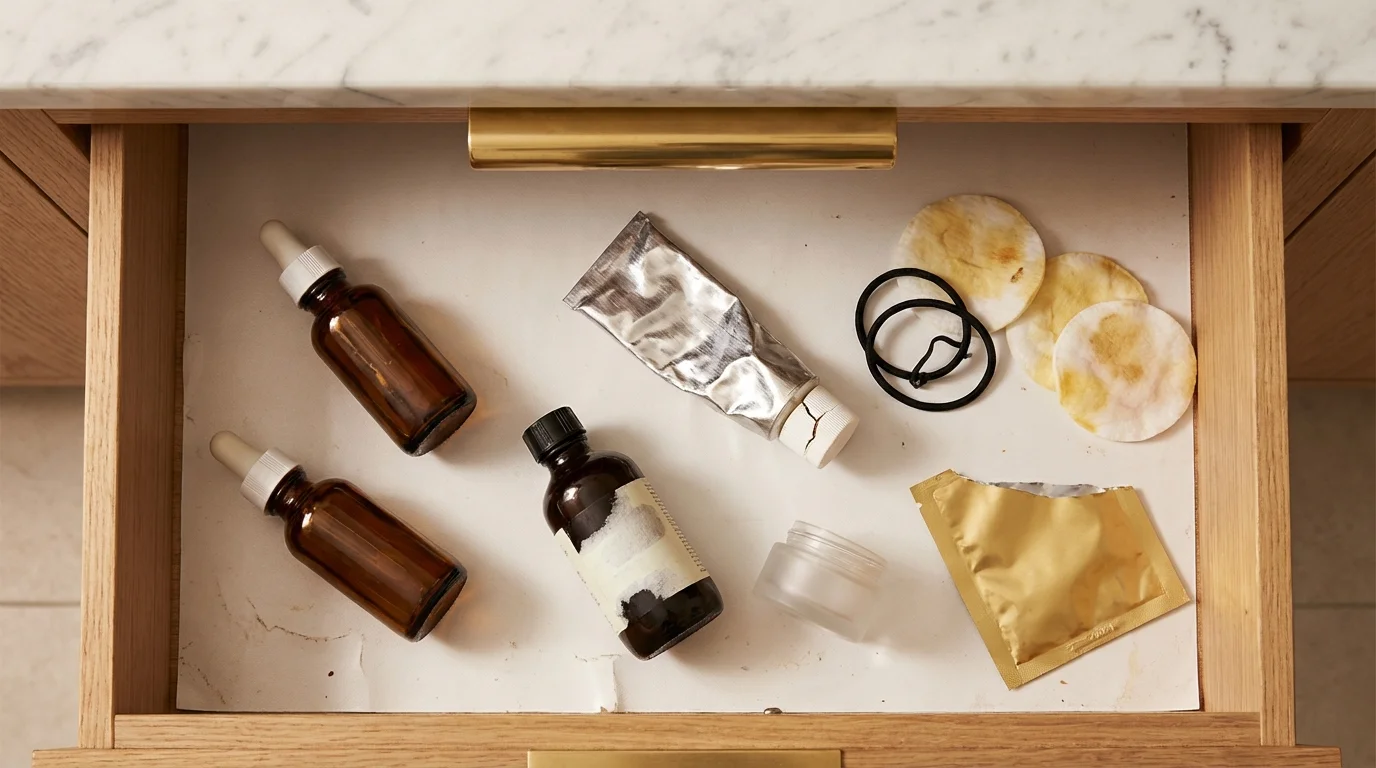 Offene Schublade unter dem Waschbecken mit aufgegebenen Hautpflegeprodukten — stille Anklage aus halb leeren Seren und alten Proben