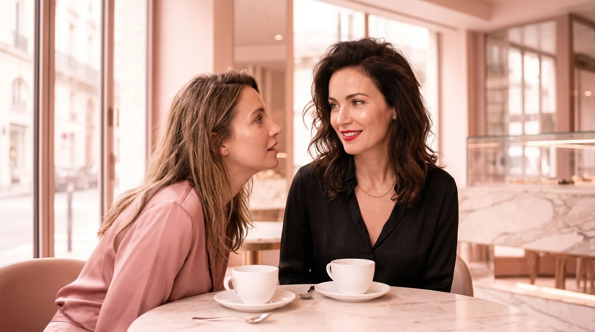 Frau Mitte 40 wird von einer Freundin bewundert — natürliche Schönheit