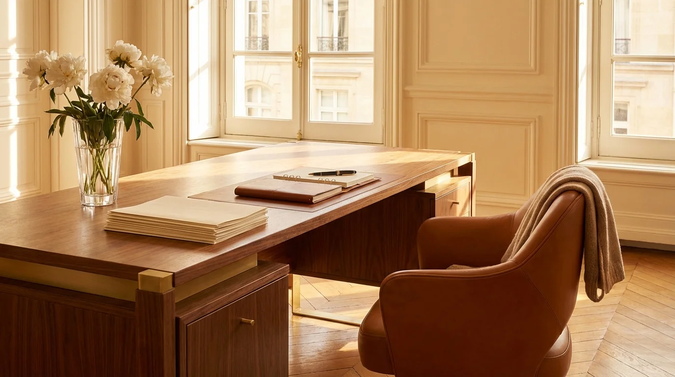 Eleganter Schreibtisch mit Ledersessel — die Geschäftsführerin hat gerade den Raum verlassen